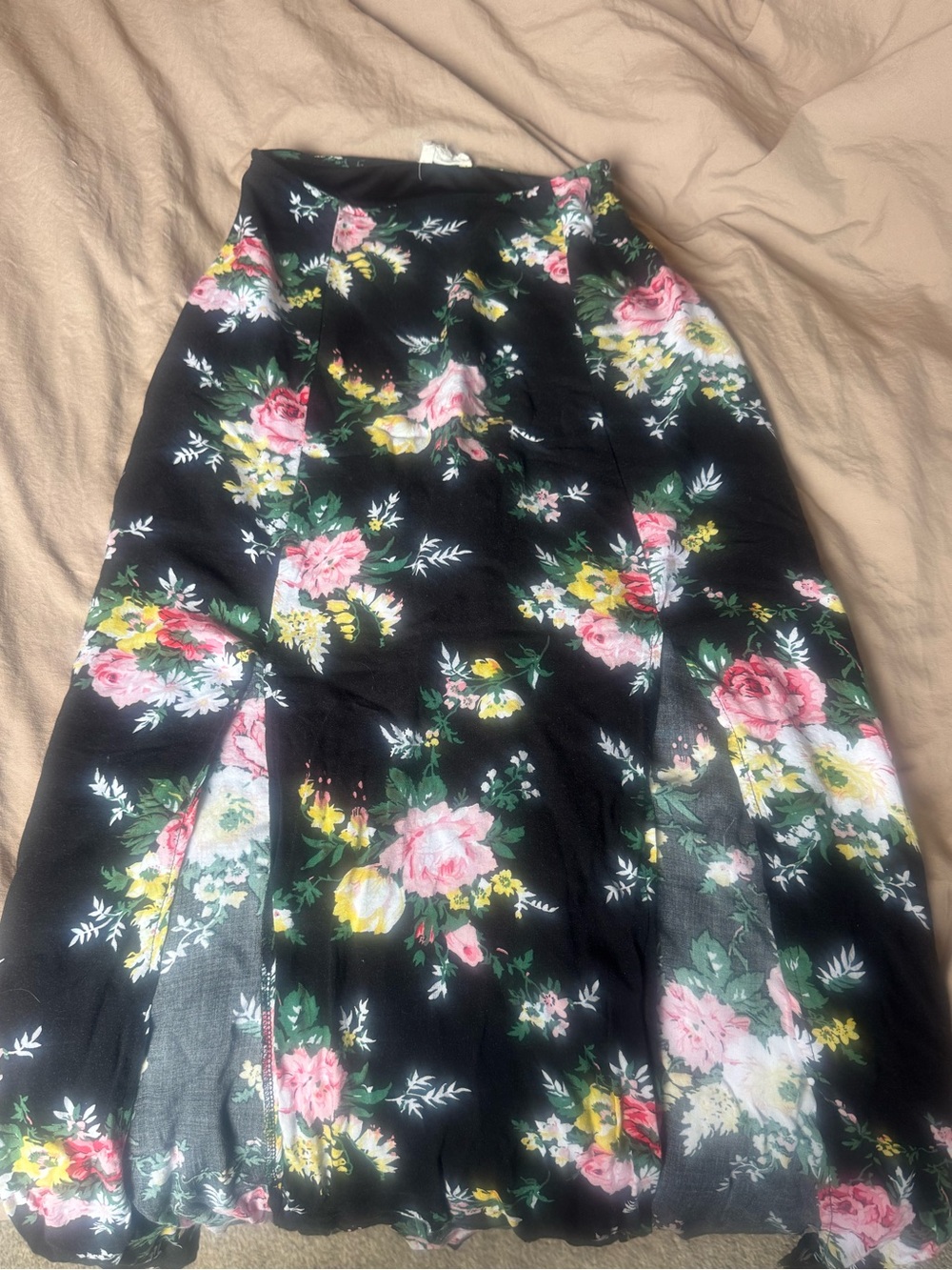 Kirra Black Floral A-Line Midi Skirt with Pink & Yellow Blooms